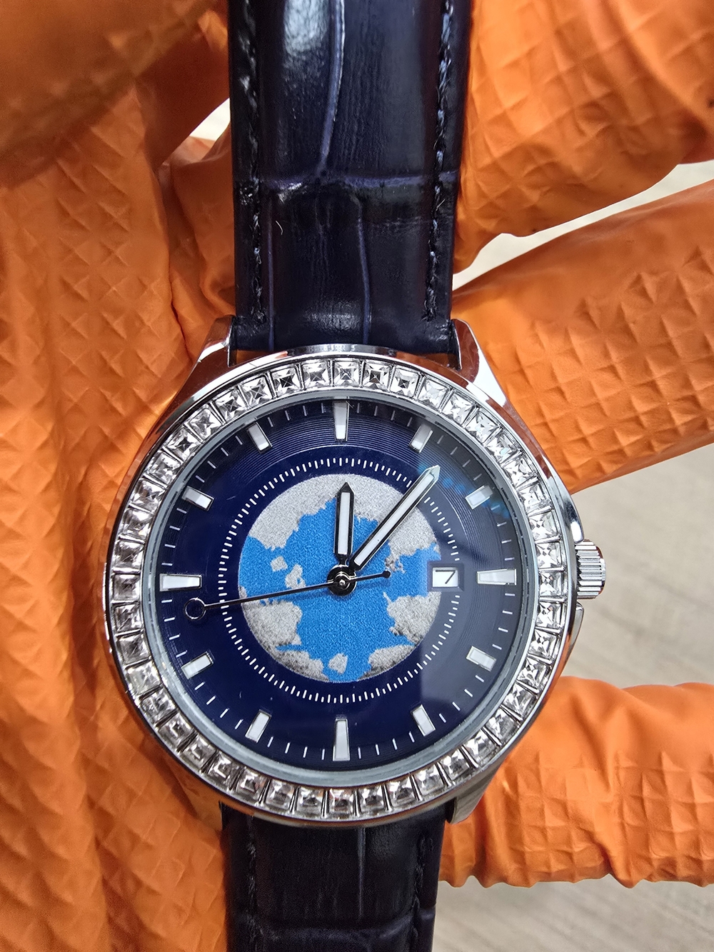 Blue Globe Dial Leather Strap Watch